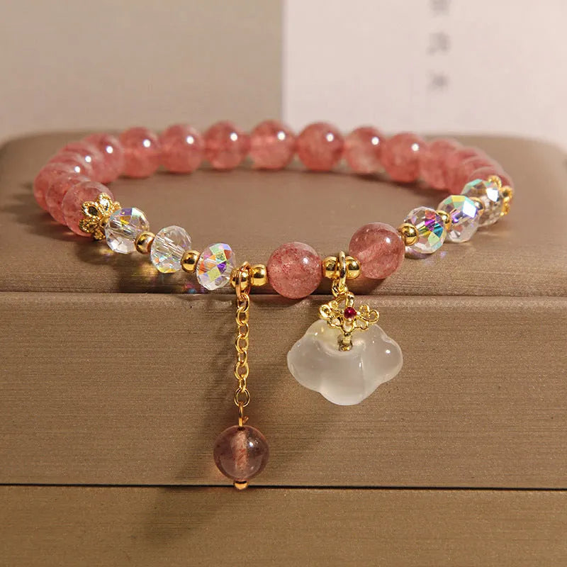 Women's adjustable strawberry quartz and white agate crystal bracelet with auspicious cloud beads