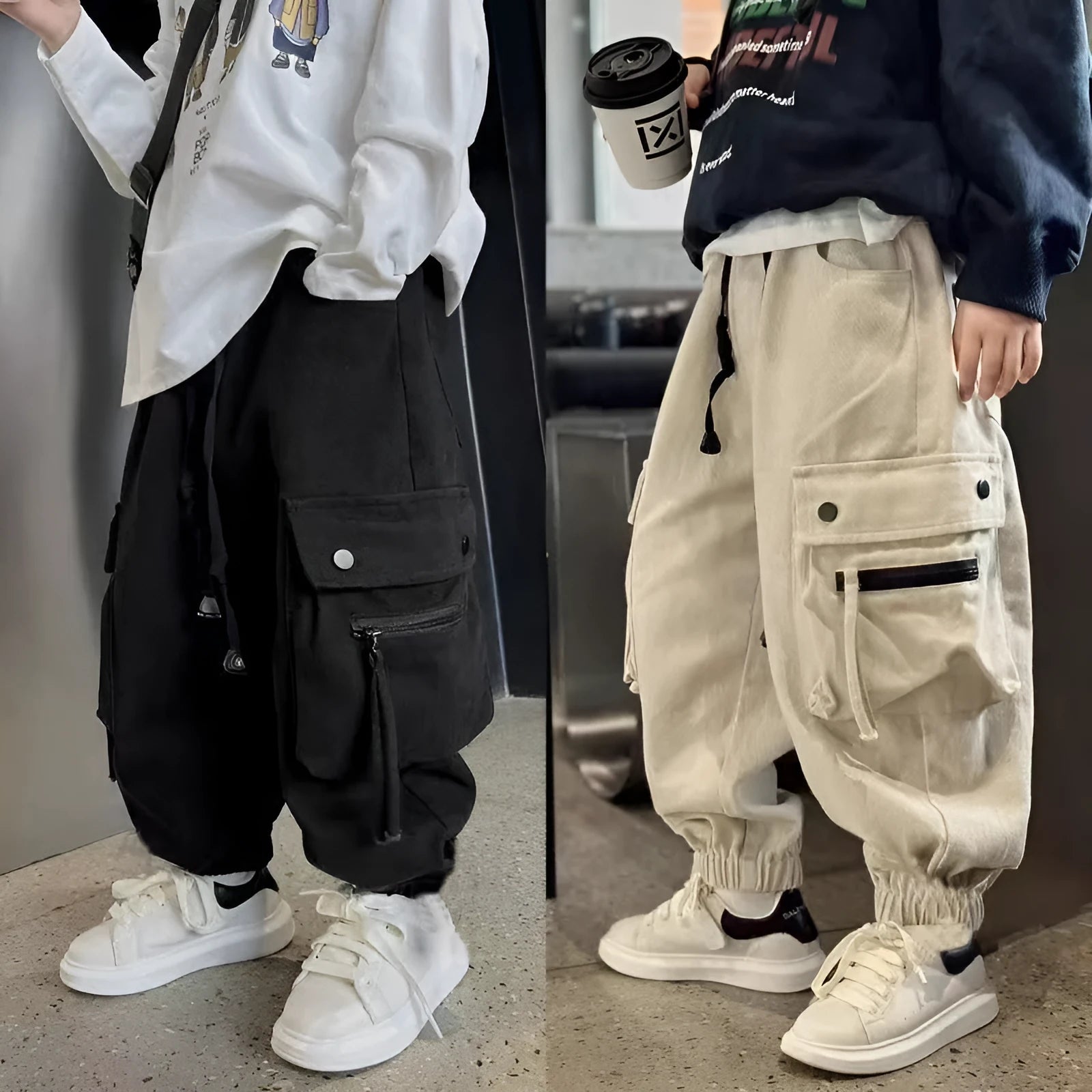 Children's cotton workwear pants in beige and black, mid waist, sizes 120cm to 170cm