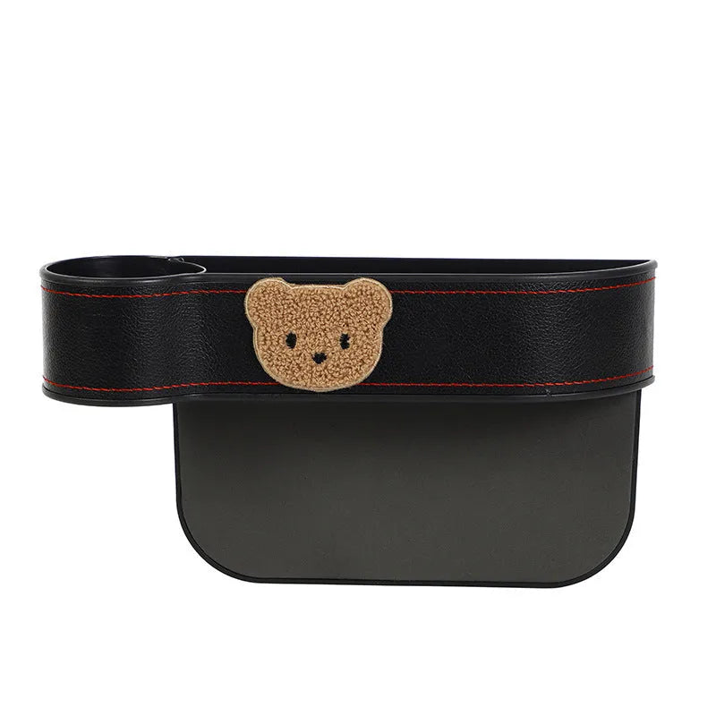 Leather car seat gap storage box with cartoon bear design for holding phone and keys