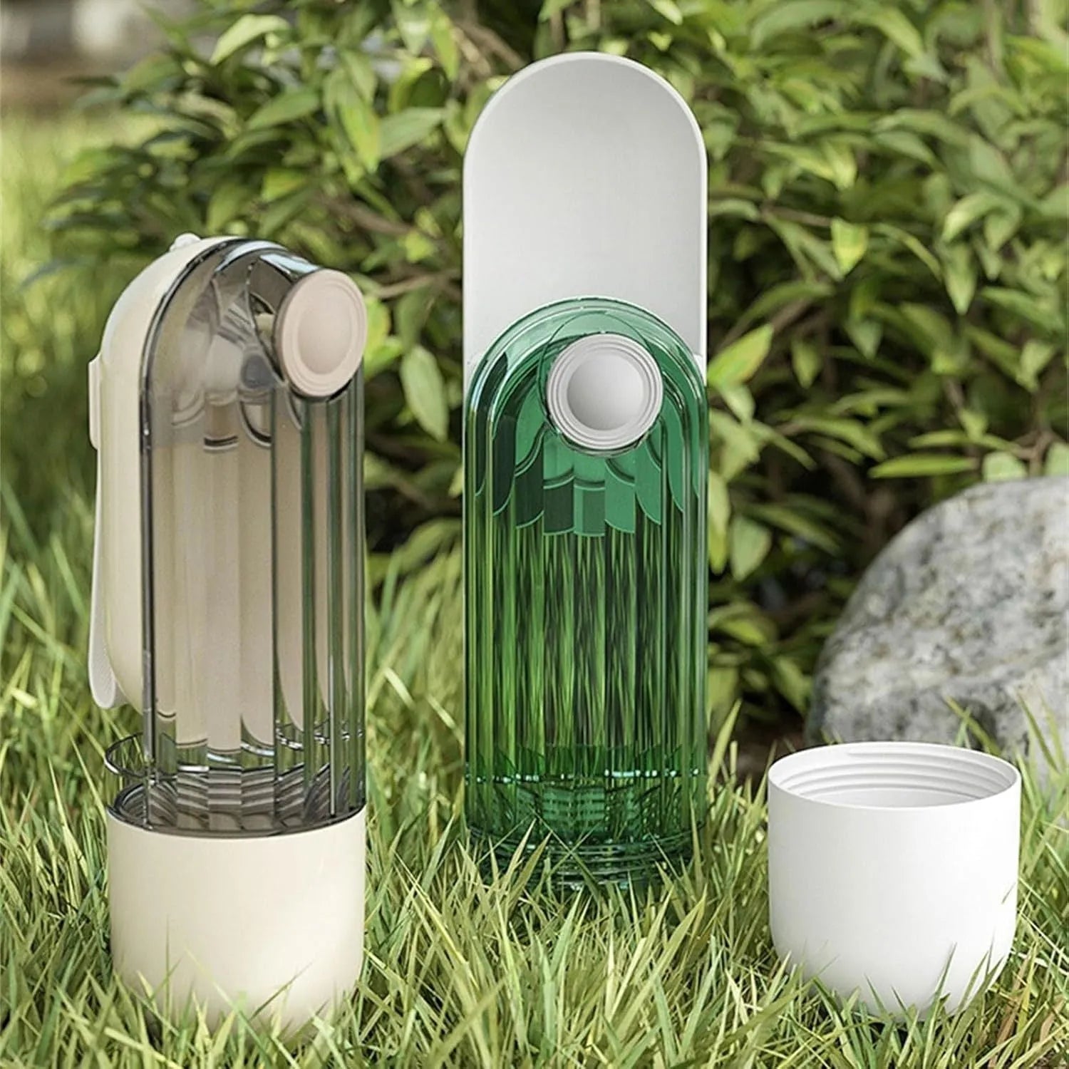 Foldable dog water bottle with food container for walking and hiking with pets