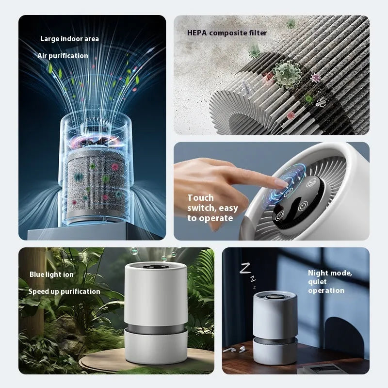 White desktop air purifier unit with USB cable for small room odour and smoke removal