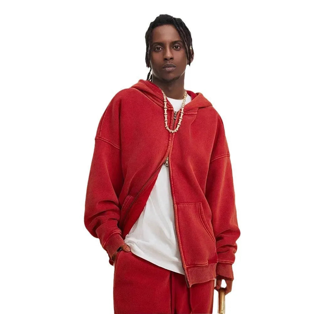 Men's zip-up hooded cardigan in cotton with fleece lining, shown in dark green