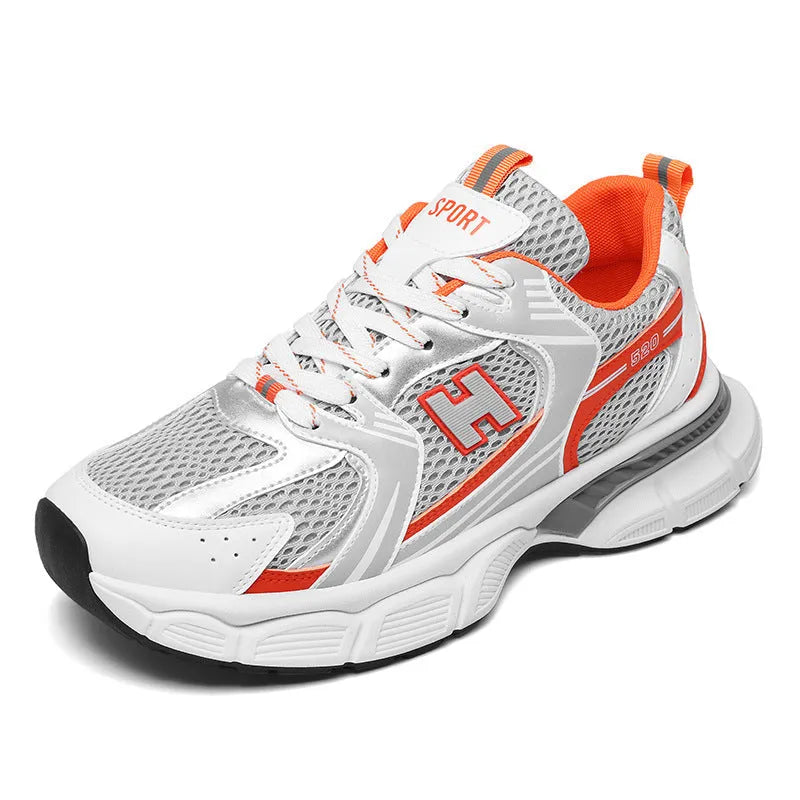 Men's white orange mesh running shoes with round toe and injection moulded sole