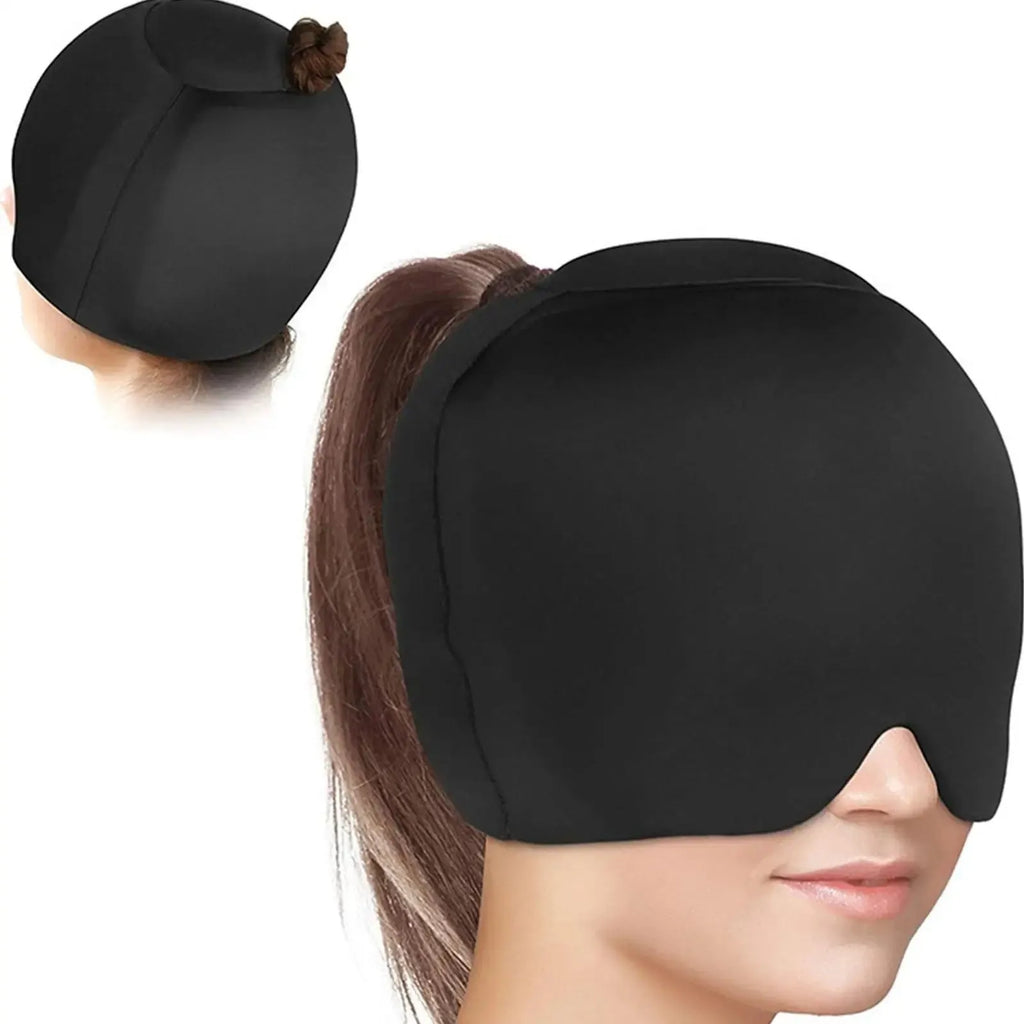 Simple solid colour cold compress cap in black, shown fully enclosing a head.