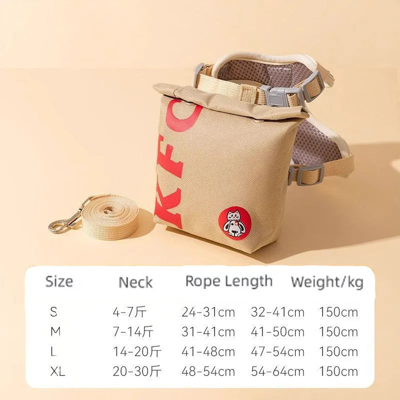 Cartoon hamburger design adjustable vest leash and harness with backpack for a dog.