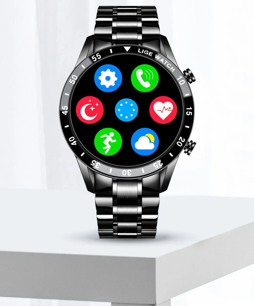 Smart watch with stainless steel band and 1.3-inch touchscreen display showing step count interface