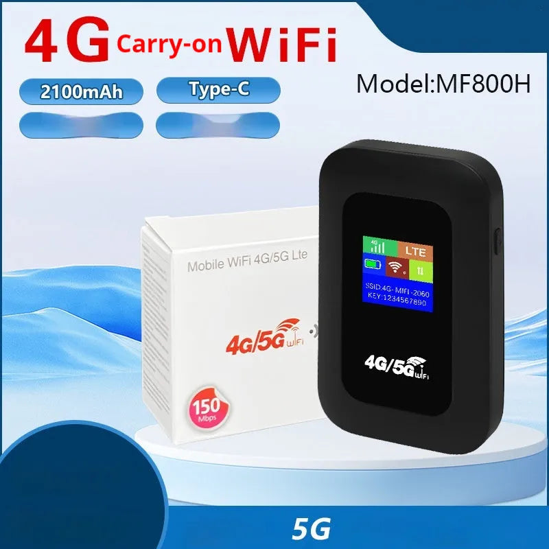 Portable 4G WiFi router with SIM slot, 11x7.5x2.8 cm, black casing, data cable included