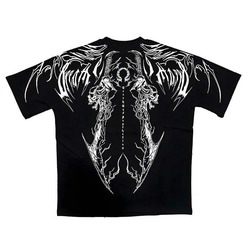 Dark coloured plus size cotton t-shirt with short sleeves and gilding details in loose fit