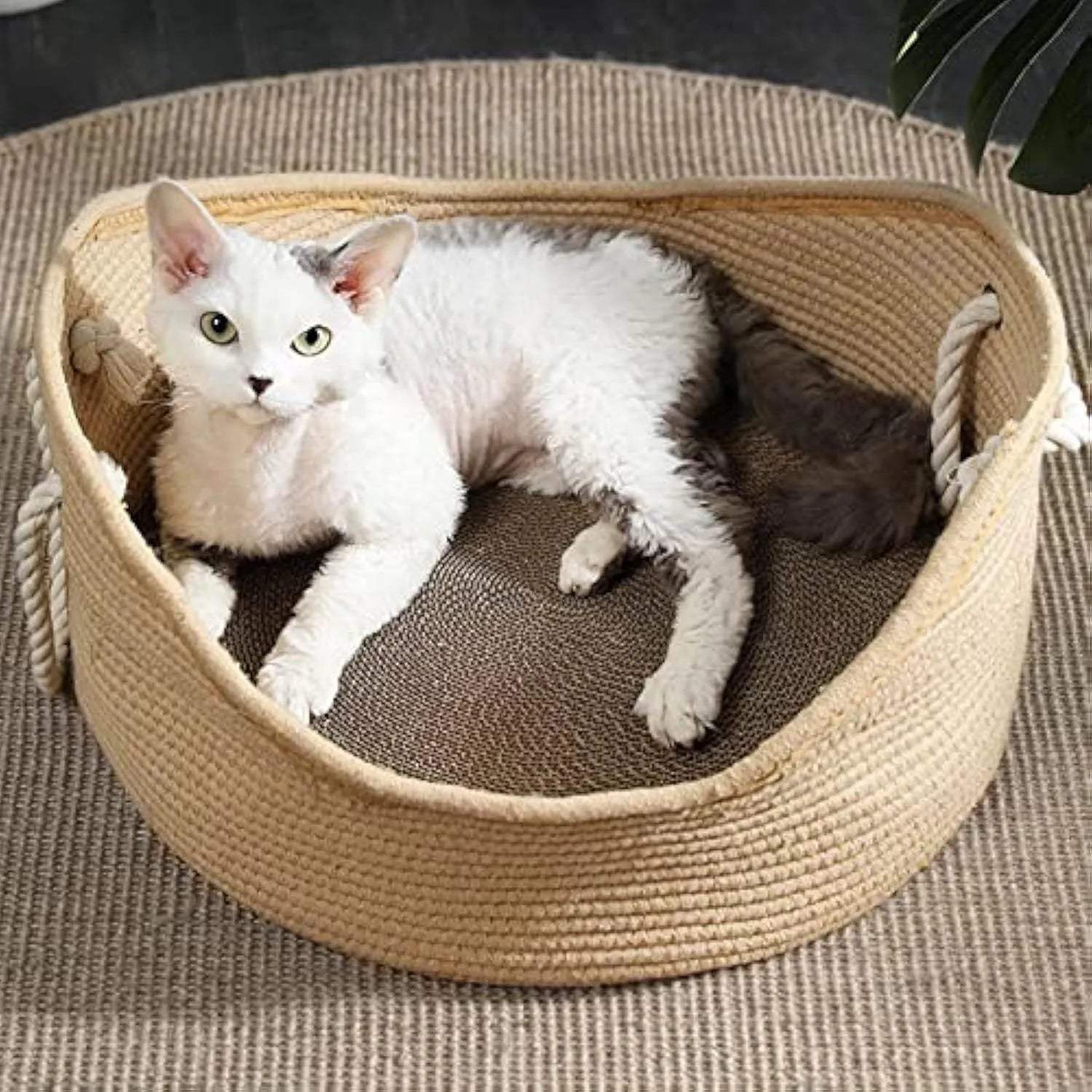 Wicker cat bed basket with corrugated scratching board in two size options for cats