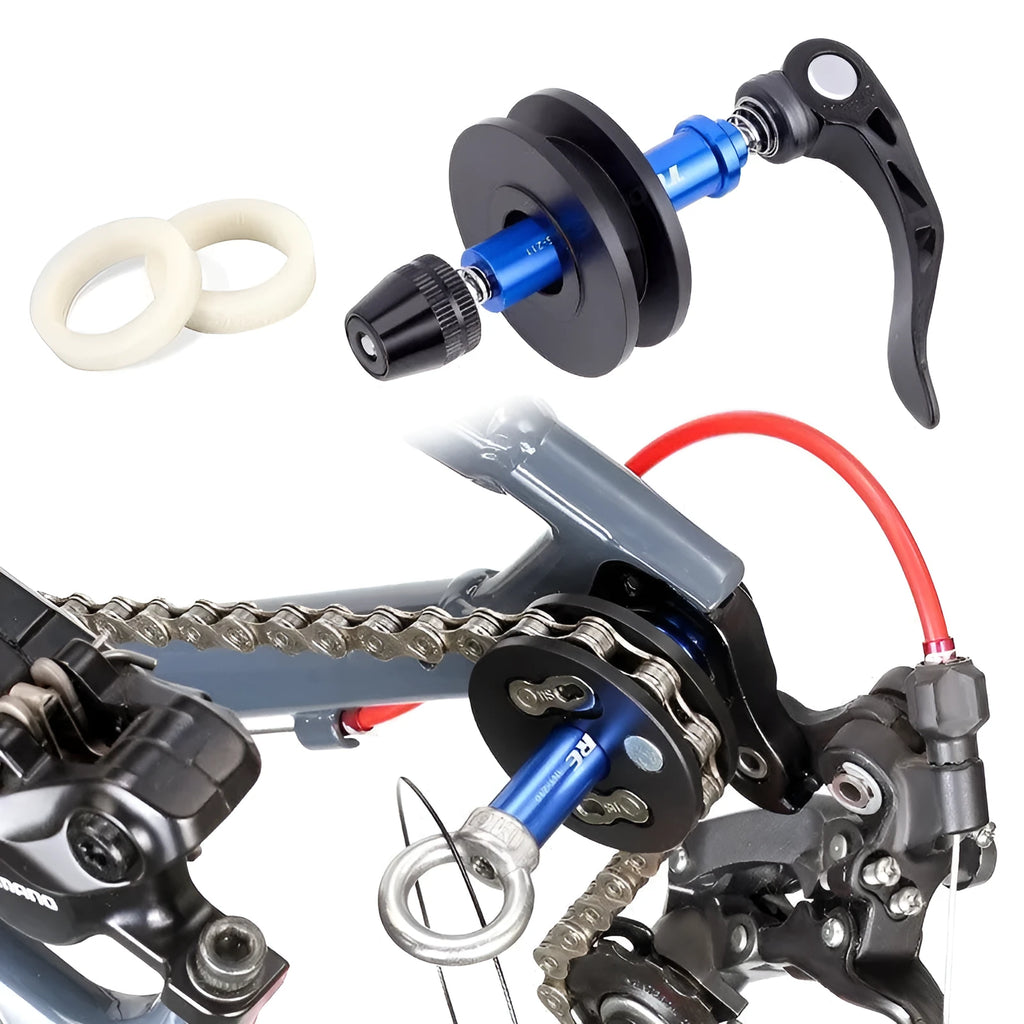 Aluminium bicycle chain holder and stopper tension tool for drivetrain cleaning and maintenance.