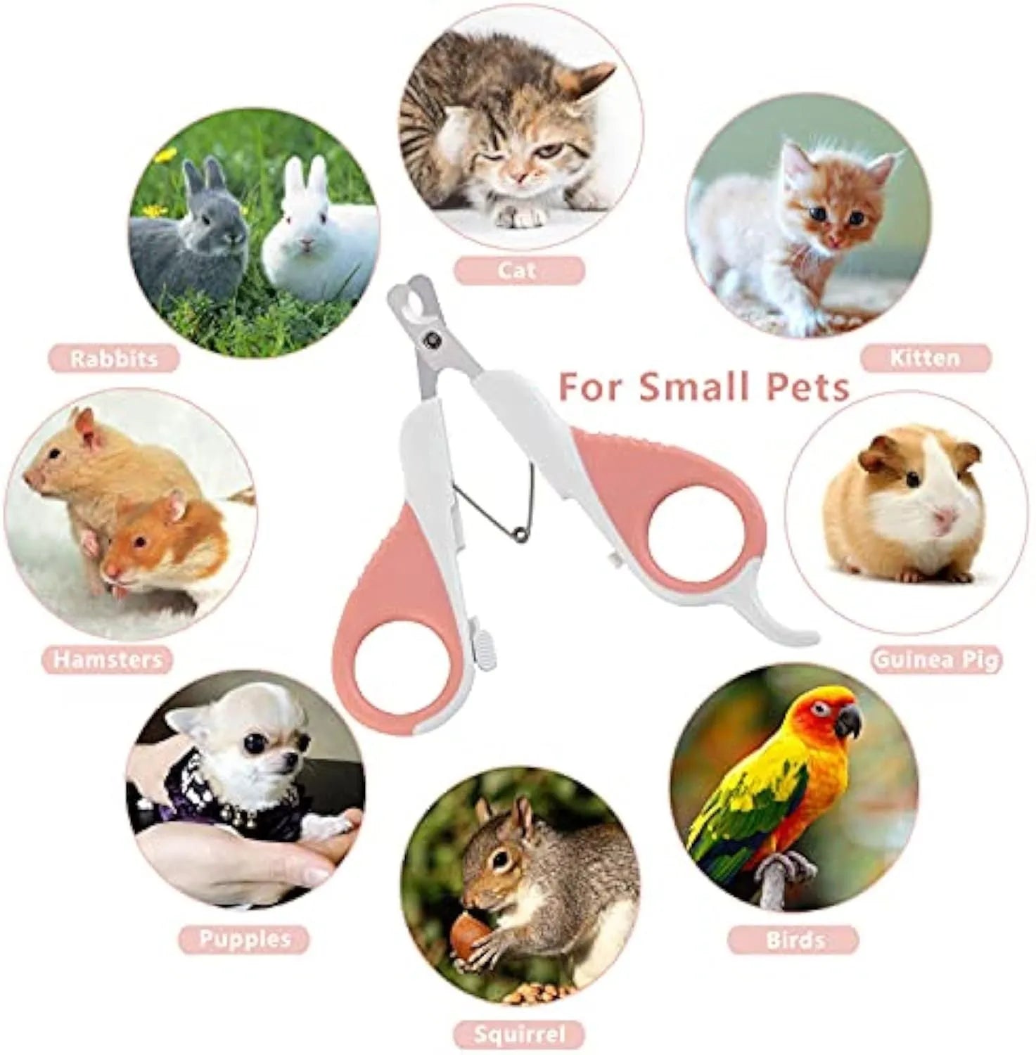 Grey and pink stainless steel pet nail clippers with angled blade and safety lock on handle