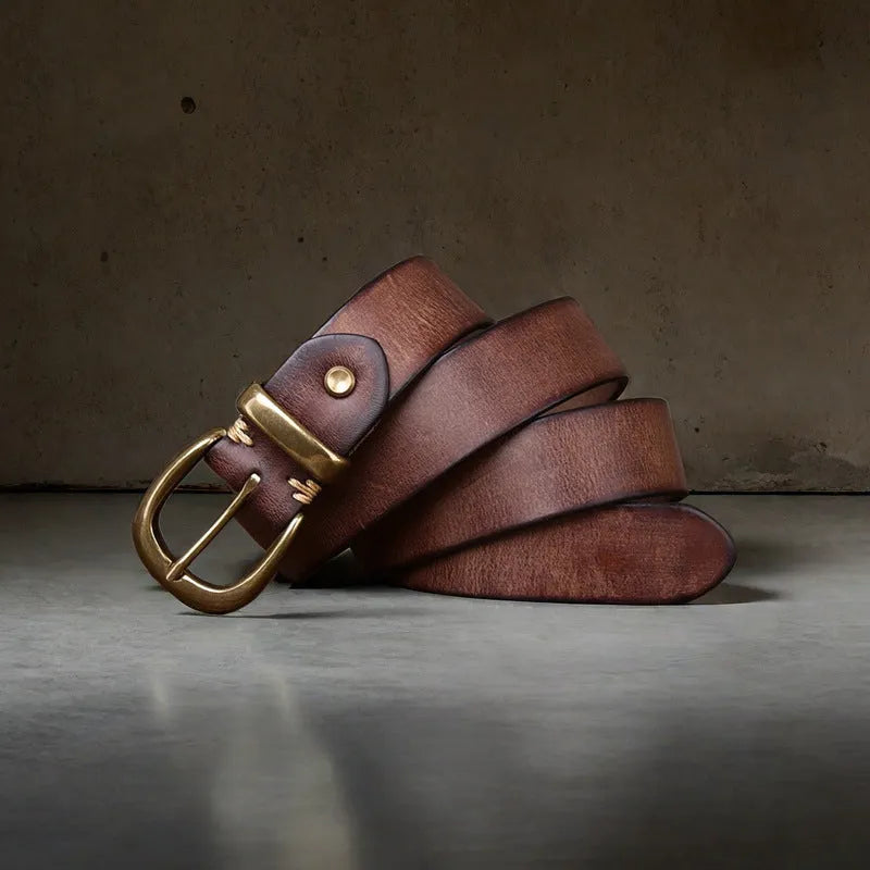 Men's casual jeans belt in black first layer cattlehide leather with a copper pin buckle.