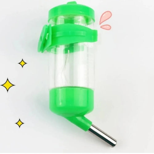 Green plastic ball kettle water feeder for small pets attached to a wire cage.
