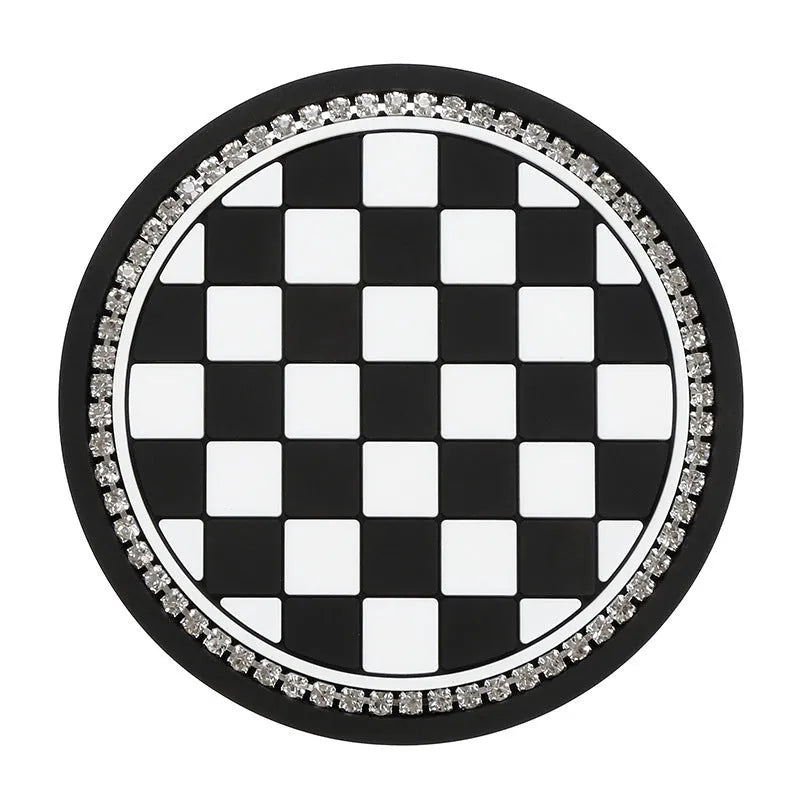 PVC car cup holder mat coaster in black and white checkerboard pattern for interior protection