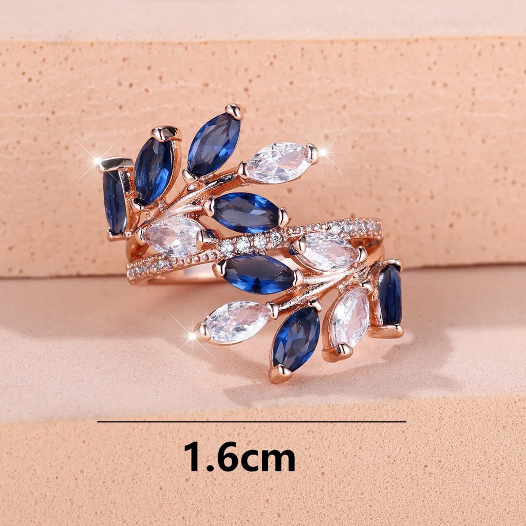 Adjustable copper leaf-shaped ring with zircon stones in multiple colour finish options