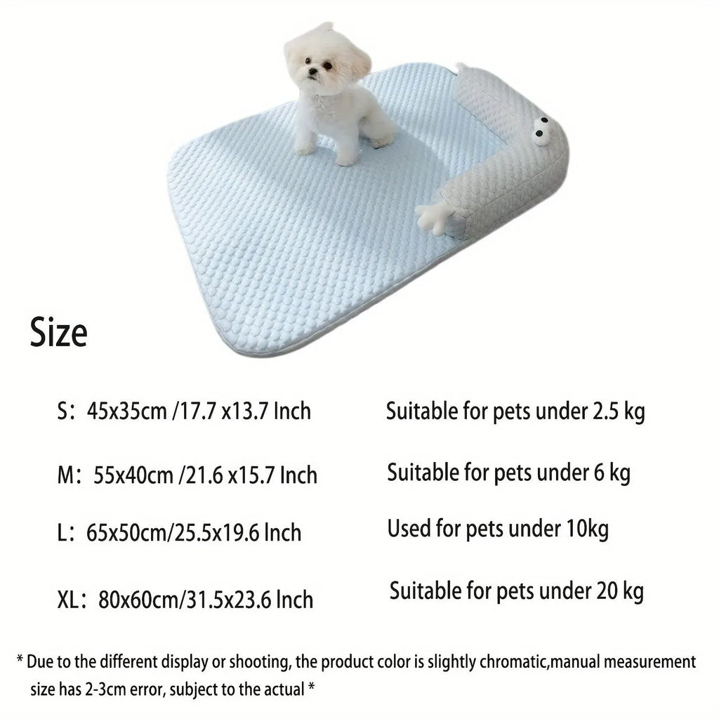 Blue pet bed with big-eyed monster design on a wooden floor next to a cat.