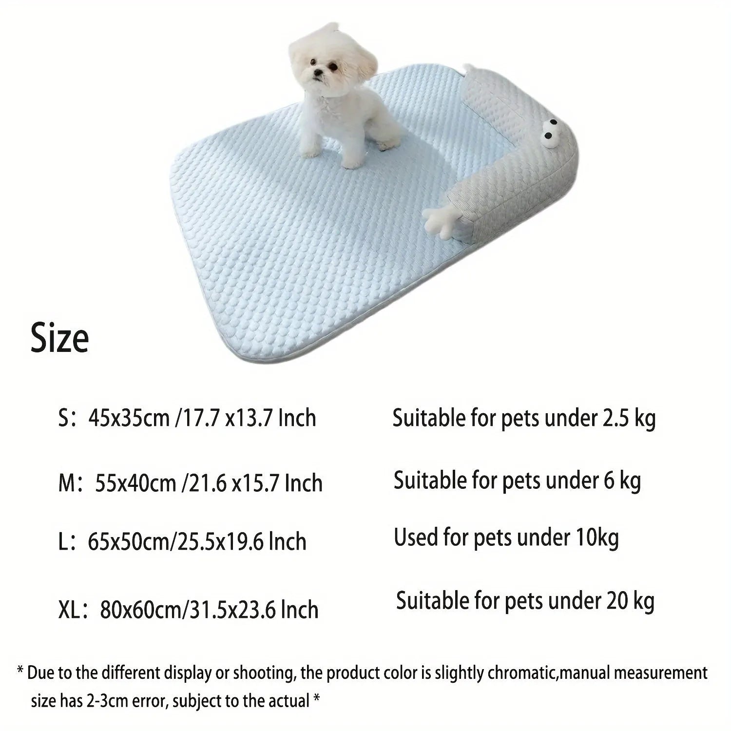 Blue pet bed with big-eyed monster design on a wooden floor next to a cat.