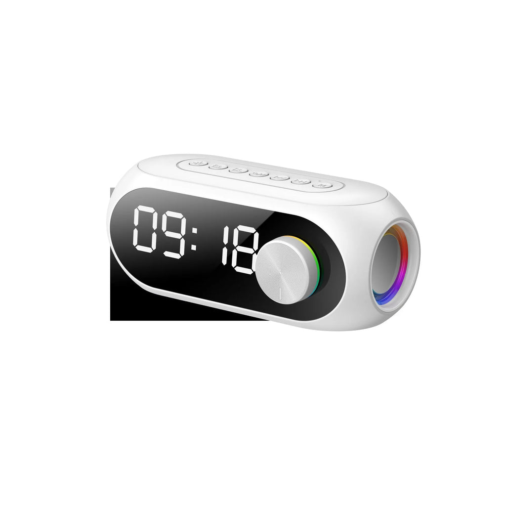 Compact USB-powered portable speaker with extra bass and digital clock display in black, white, or blue colour options.
