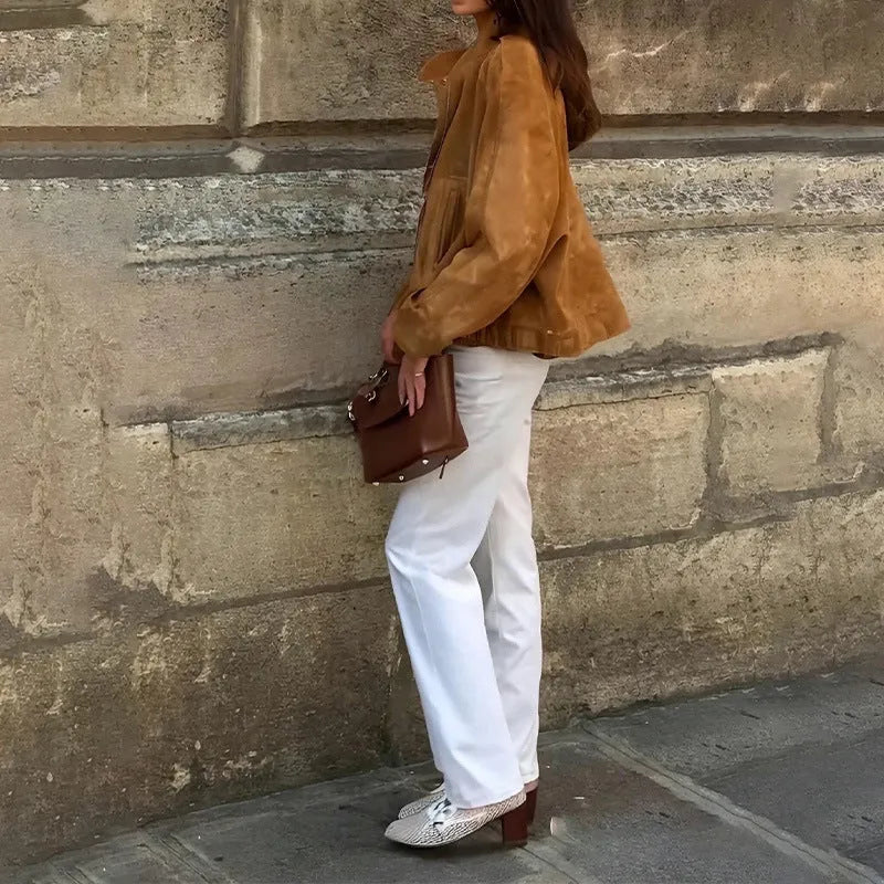 Retro solid colour loose fit long sleeve jacket on a hanger