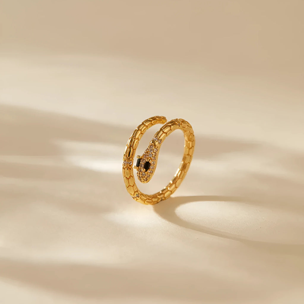 Snake-shaped adjustable index finger ring with gold colour finish and diamond-treated surface