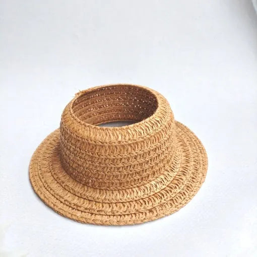 Papyrus straw hat in beige with curtain cloth ear leakage design for sun protection