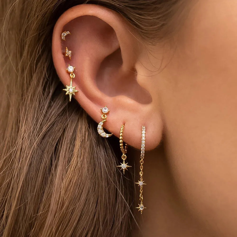 XingX six pairs of gold chain tassel drop earrings with zircon stones on copper