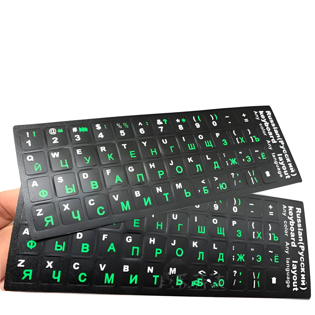 Russian layout keyboard film, black PVC with orange Cyrillic letters, 14-inch universal size
