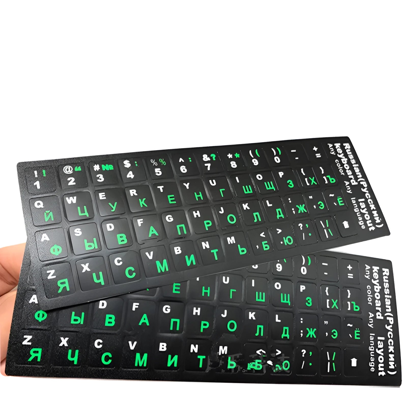 Russian layout keyboard film, black PVC with orange Cyrillic letters, 14-inch universal size