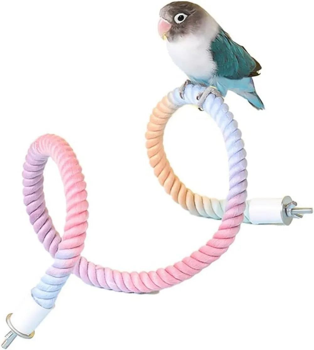 Gradient colourful bird rope perch stand with bendable shapes for small pet cage climbing and play