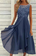 Women's sleeveless chiffon dress with lace hollow-out detailing in green, purple, or blue