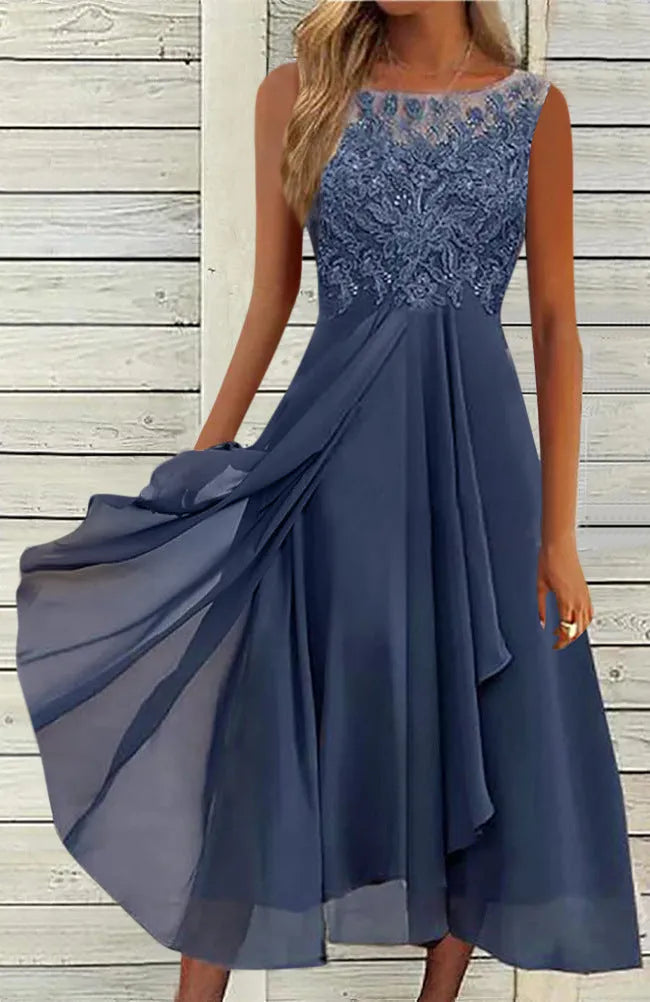 Women's sleeveless chiffon dress with lace hollow-out detailing in green, purple, or blue