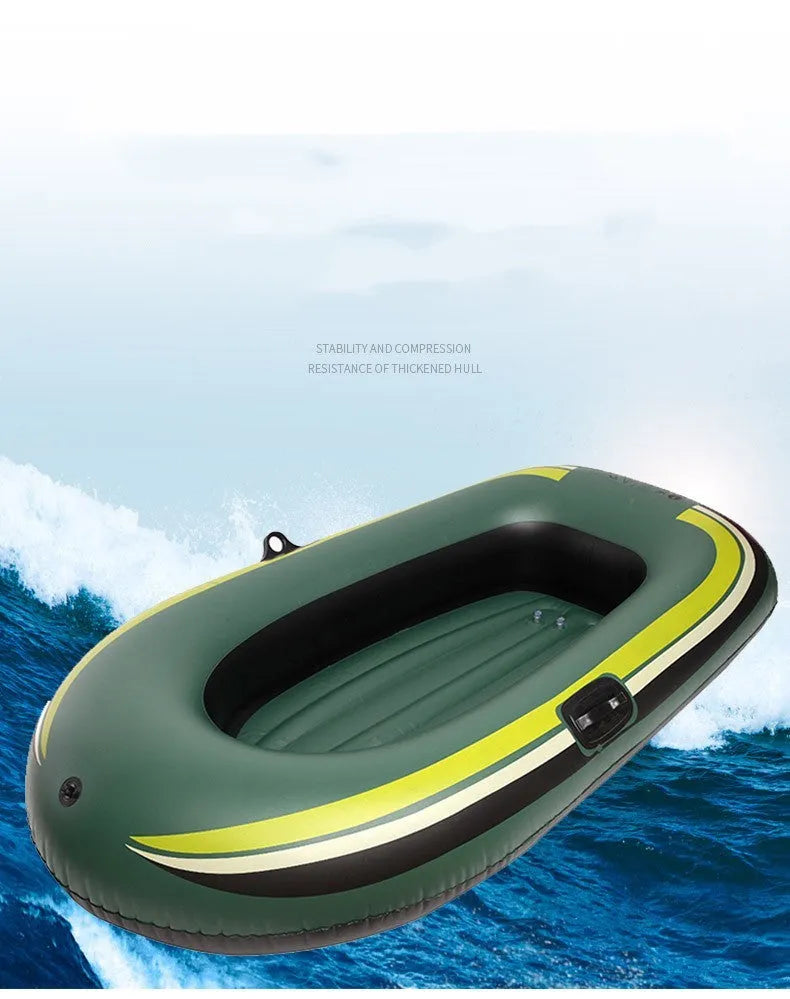 Small green PVC inflatable boat for fishing and rafting, 2-person capacity, 100kg load, multiple air chambers