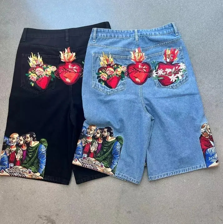 Men's blue cotton shorts with Jesus print on back pocket, tapered design