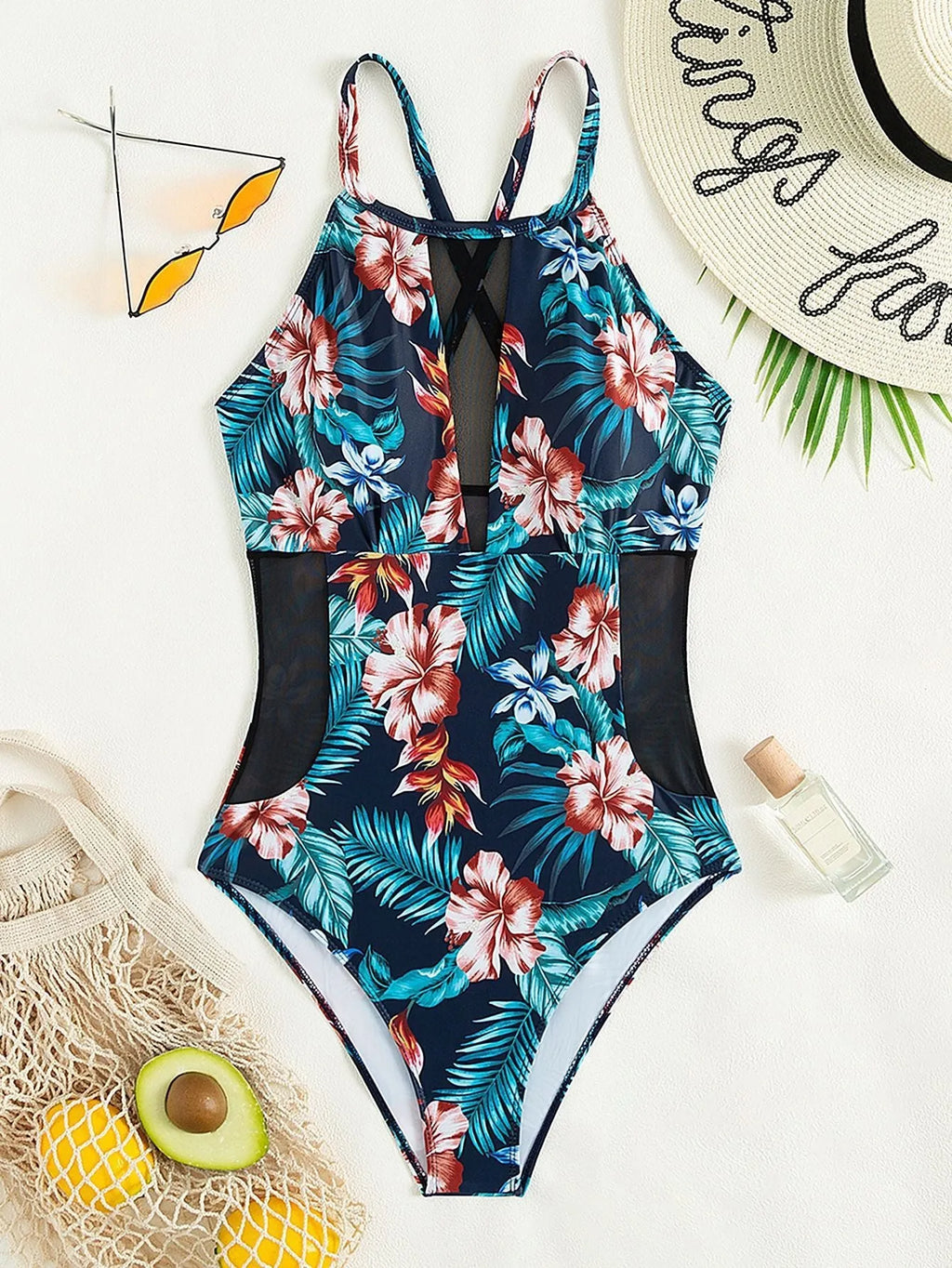 Women's solid colour and gradient print one-piece swimsuit with a deep V neckline