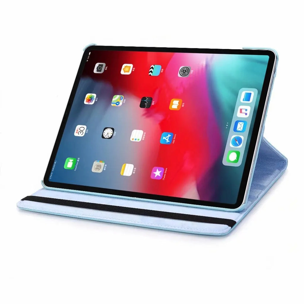 iPad Pro rotating protective sleeve in imitation leather showing clamshell design with twelve colour options