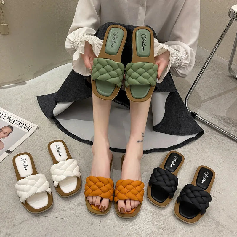 Women's plaid pattern beach sandals with thick anti-skid PVC sole, shown in white, green, orange, and black colours.