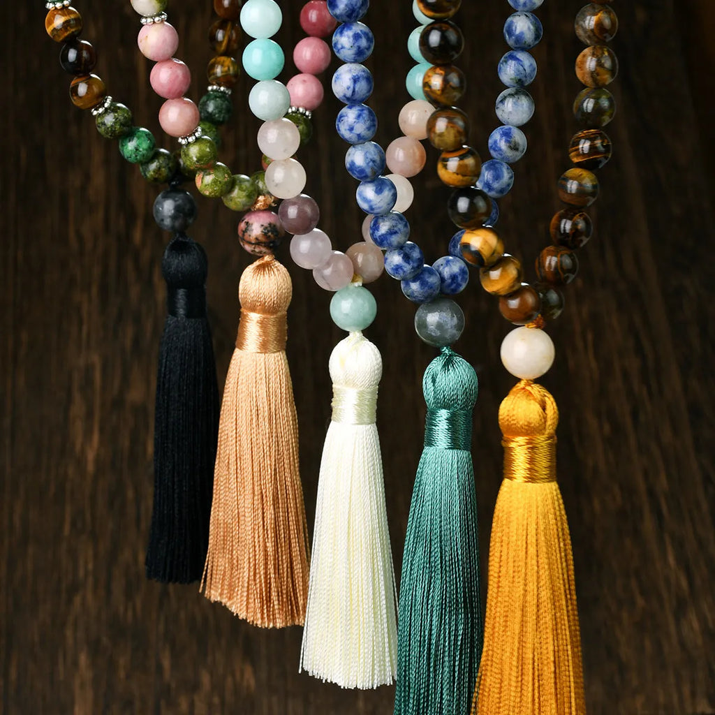 Handmade natural stone bead necklace with tassel pendant in bohemian style
