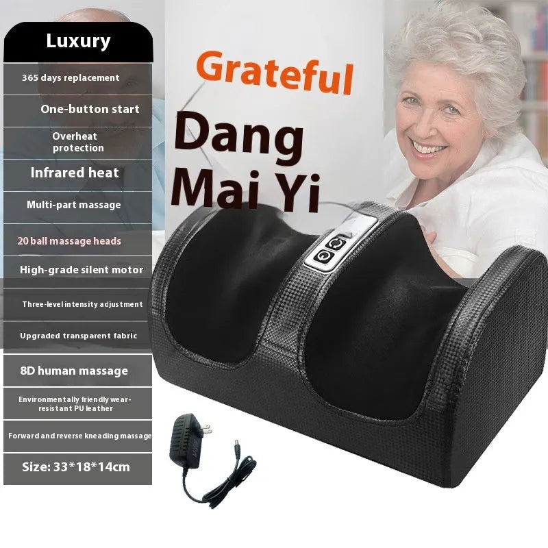 Automatic electric foot massager machine in gold colour with remote control on a wooden floor