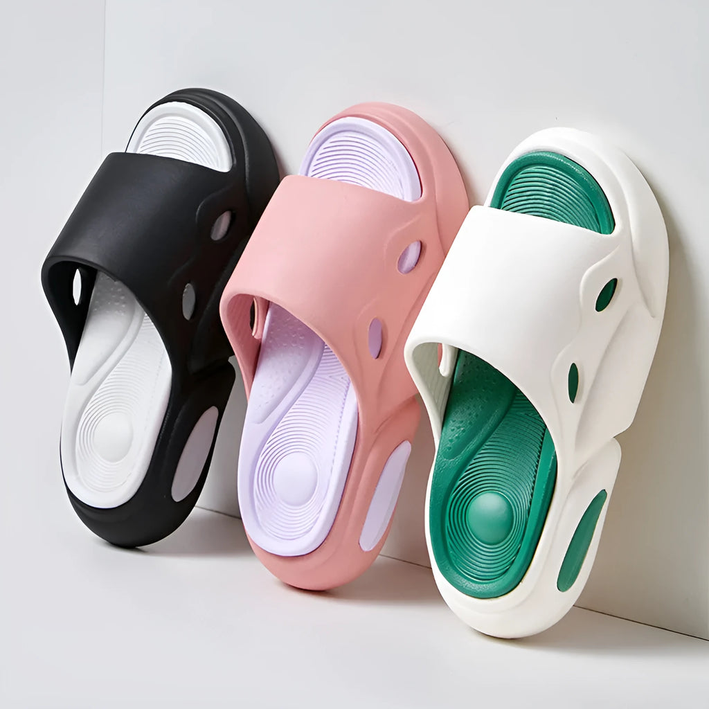 Two-tone thick-soled EVA slippers for men and women in pink purple, white green, or black and white.