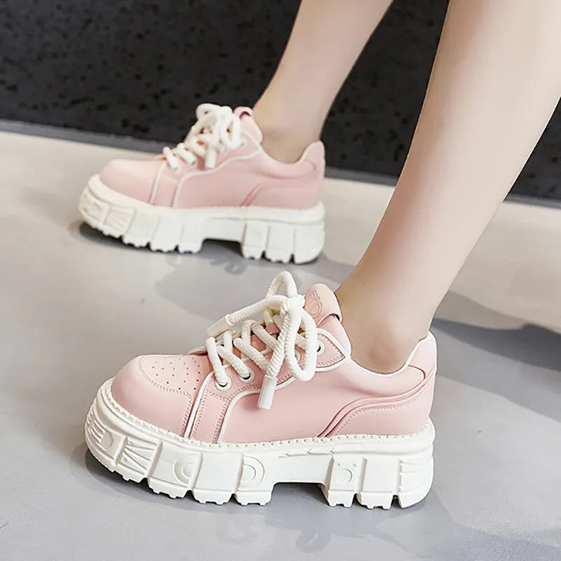 Beige and pink leather casual shoes with muffin bottom design and height increasing sole