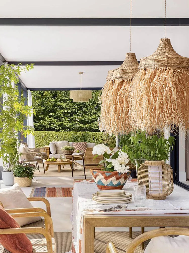 Southeast Asian style woven chandelier with wild vetch and willow, 50cm diameter.