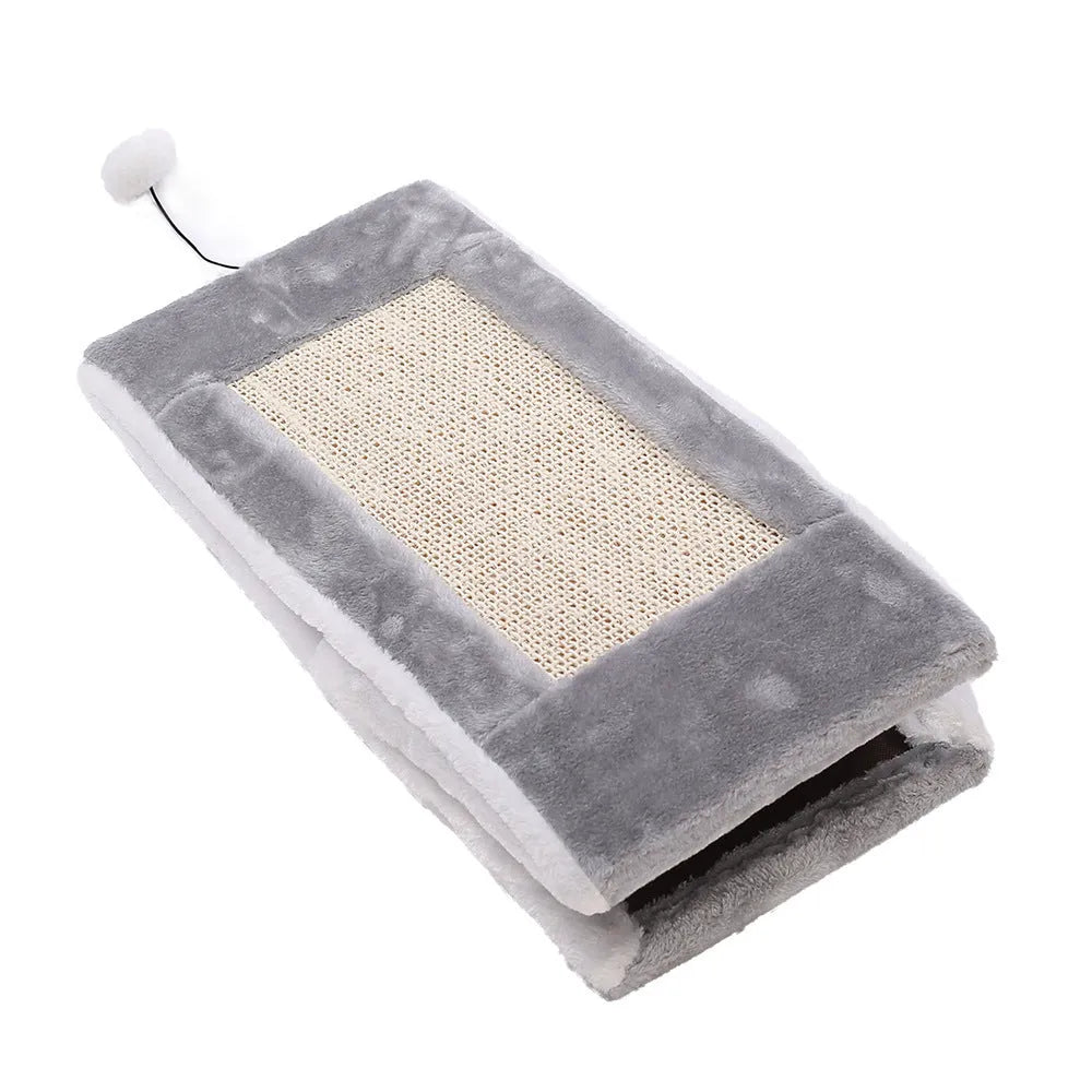 Triangular cat scratching toy with sisal surface in grey-white colour option showing perch design