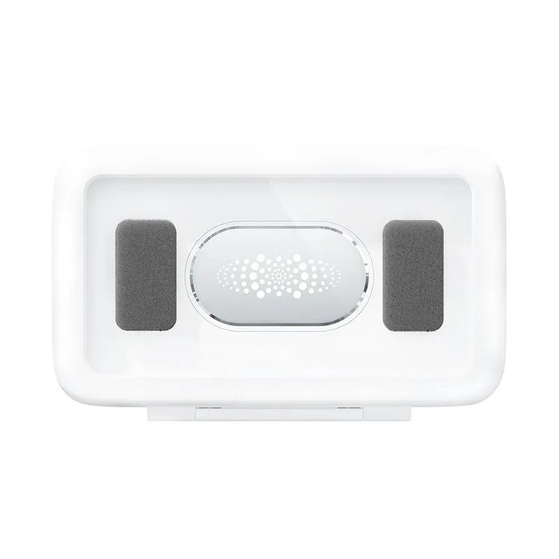 Bathroom waterproof phone case in Crescent White showing sealed touch screen and anti-fog window mounted on a tiled wall