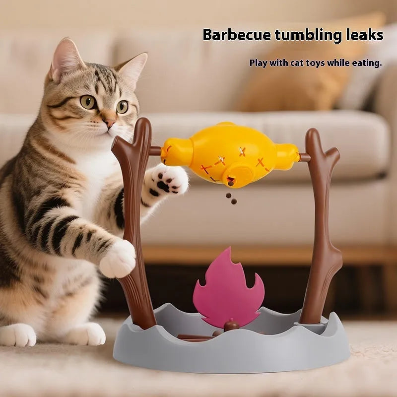 Barbecue design tumbling cat food feeder toy with leakage mechanism measuring 30cm