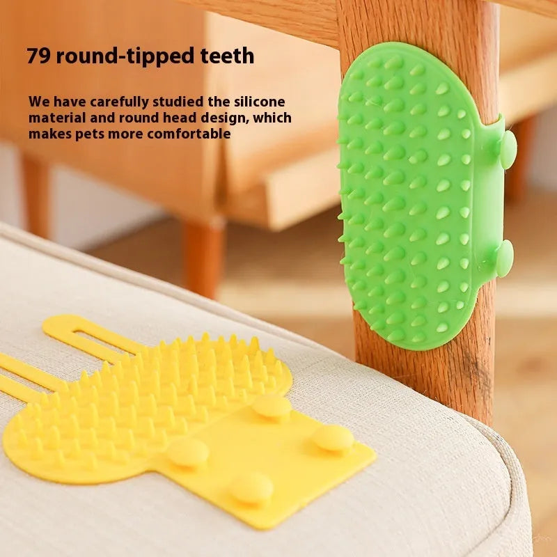 Silicone cat grooming and scratching brush with adjustable strap wrapped around a table leg.