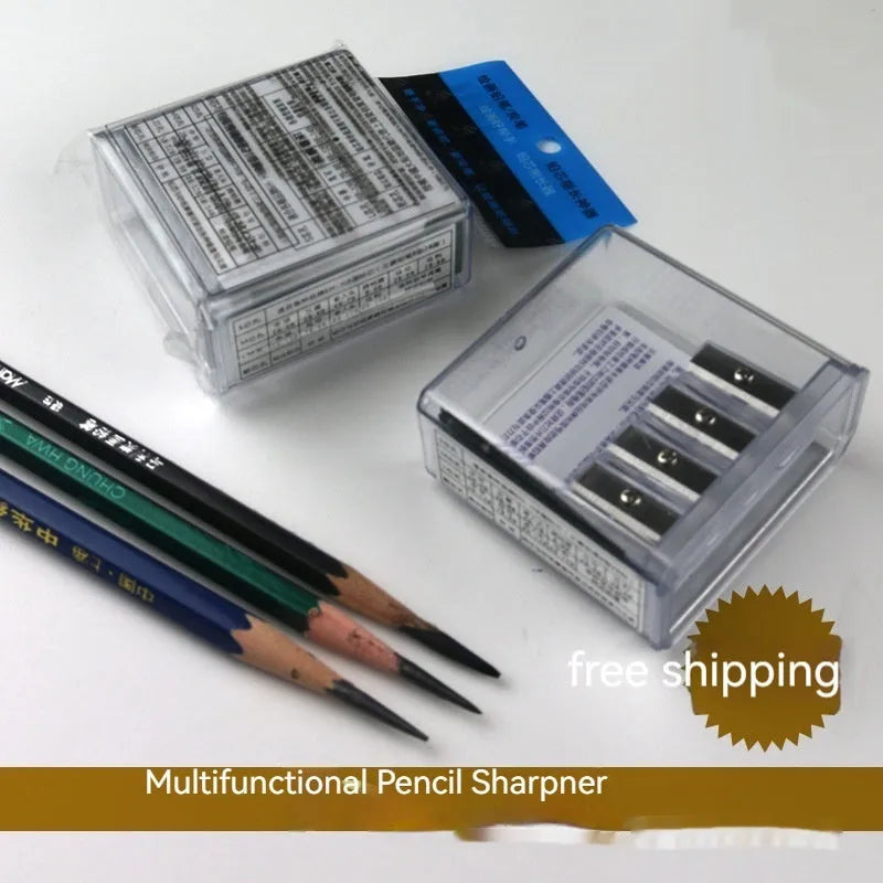 Geometric-shaped plastic pencil sharpener with four holes and a small screwdriver.