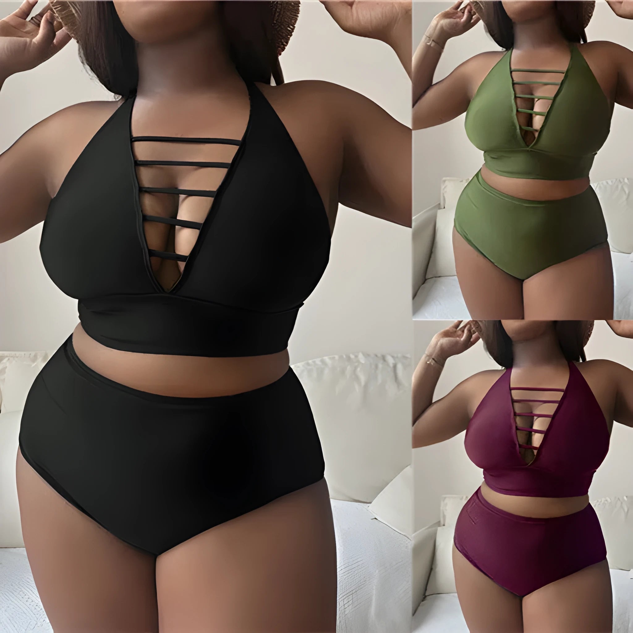 Plus size black halter bikini with adjustable straps and high waist briefs