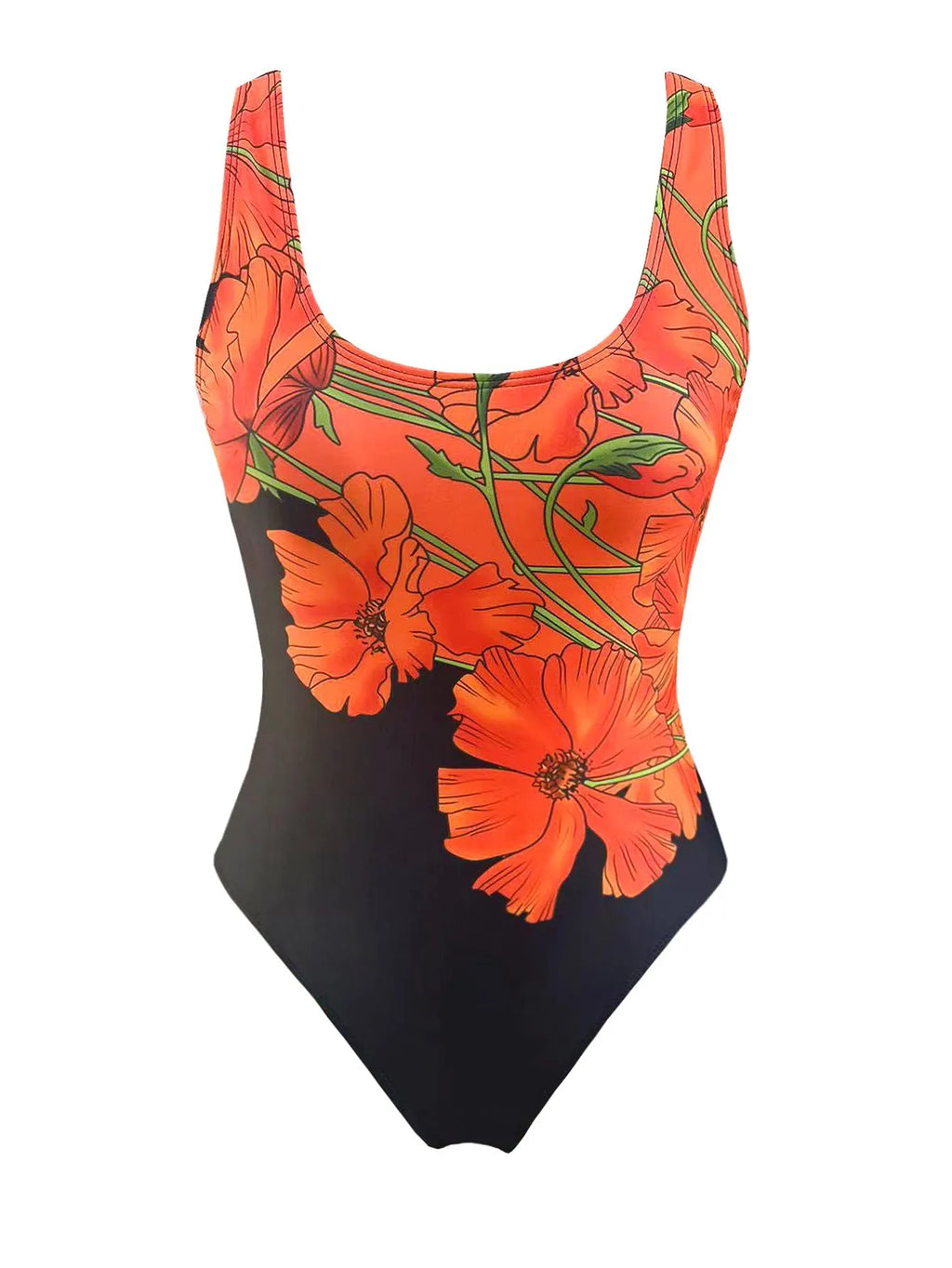 Orange floral print backless one-piece swimsuit with slim fit design