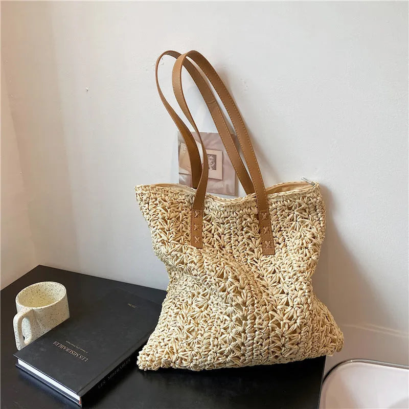Large woven straw tote bag in khaki with single shoulder strap