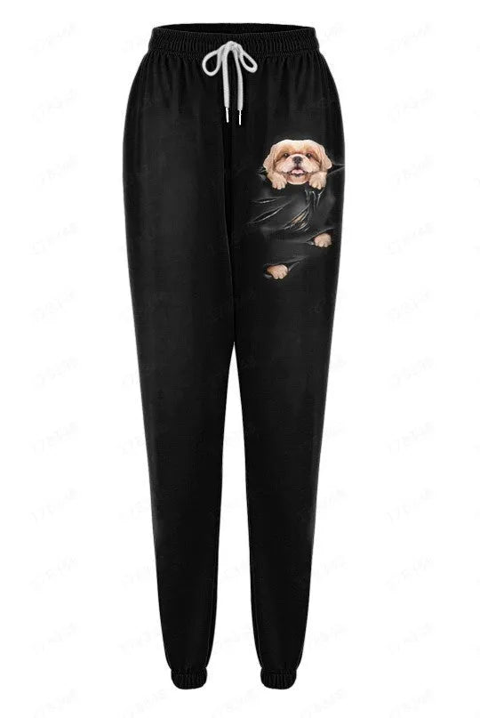 Loose couple trousers with 3D digital print in air-layer polyester, straight leg, mid-high elastic waist